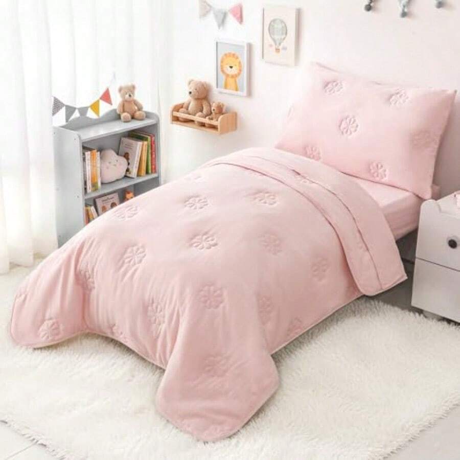 Juego de cama de 4 piezas para niñas y niños juego de edredón para cuna con bordado de margaritas incluye edredón sábana encimera sábana bajera funda de almohada juego de cama de-B027 - Rosa - Ver 1