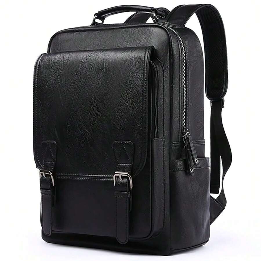 Leather Backpack Fits 15.6 Inch Laptop Vintage Backpack Waterproof Flap Bookbag For Men Leather Travel Backpack For Men Casual Knapsack Black - 黑2 - 查看 1