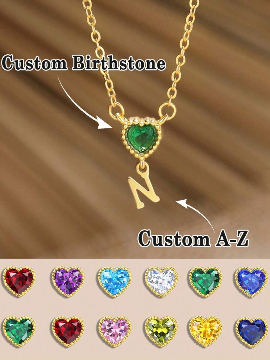 1pc Personalized Gold Birthstone Initial Necklace, Mini Letter Jewelry, Custom Birthday Gift For Her, Bridesmaid Gift, New Mom Gift, Girlfriend Gift - Gold - View 1