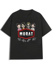 Essential Cartoon Characters and "MORAT" Pattern Black Short Sleeve T-shirt.Suitable for wearing in spring and summer, T-shirt is a casual and y short-sleeved top - Negro - Ver 1