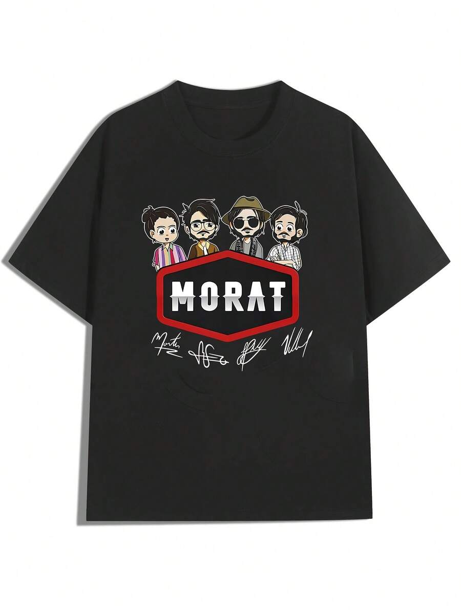 Essential Cartoon Characters and "MORAT" Pattern Black Short Sleeve T-shirt.Suitable for wearing in spring and summer, T-shirt is a casual and y short-sleeved top - Negro - Ver 1