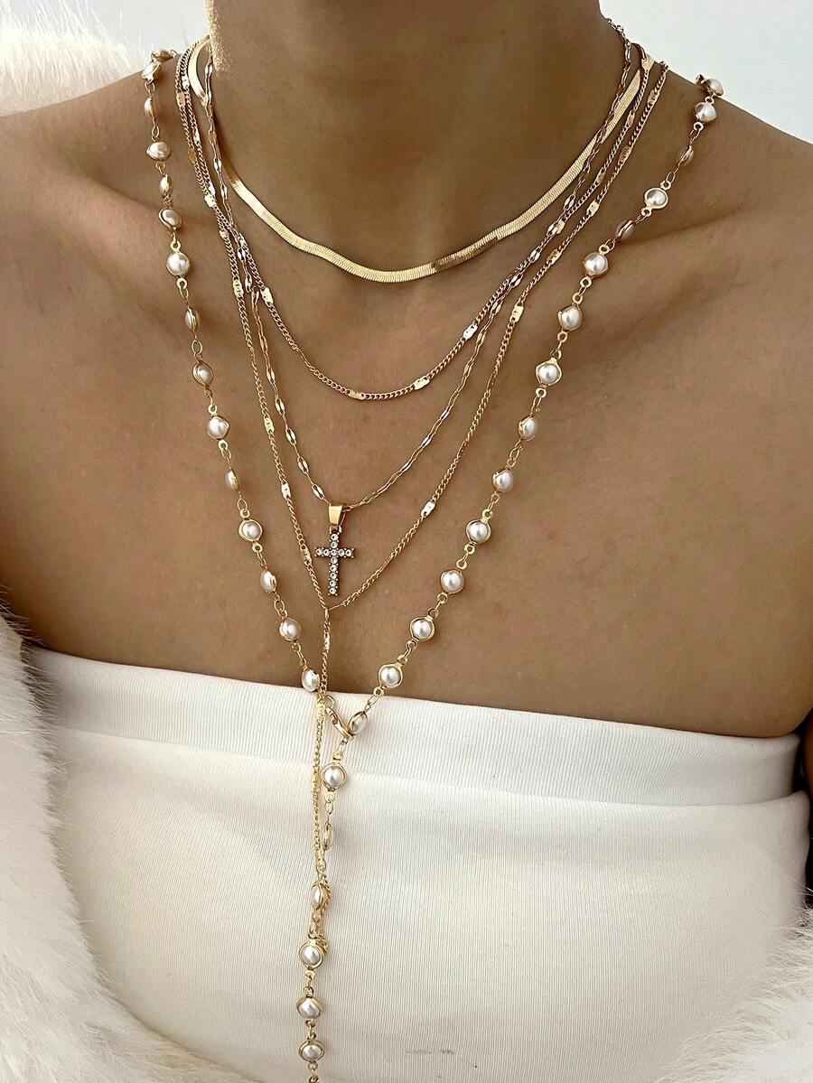 Set de 5 collares elegantes y vintage con diseño de rhinestones en forma de Y, collares superpuestos con cruz, borla, cadena de serpiente, colgantes de perlas falsas, estilo minimalista para fiestas, regalos y uso diario - Amarillo Oro - Ver 1