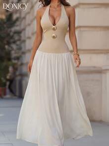 DONICY 象牙色露背吊带长裙，深V领，贝壳装饰，褶裥上身，飘逸裙摆，适合女性海滩/度假/优雅场合、情人节、狂欢节等。 - 杏色 - 查看 11