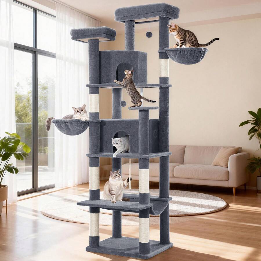 HEXCELEN Cat Tree For Large Cats, 216cm Cat Tower, Multi-Level Cats Climbing Tower With Scratching Posts, 2 Comfy Condos, 2 Perches, 2 Baskets, Hammock, For Indoor Use - Dark Grey - View 1