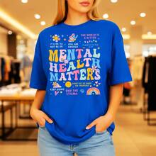 Women's Mental Health Matters Graphic Print Cotton T-Shirt, Casual Short Sleeve O-Neck Tee With Positive Quotes, Comfortable Loose Fit Top For Daily Wear, S-5XL Sizes Available - 藍色 - 查看 1