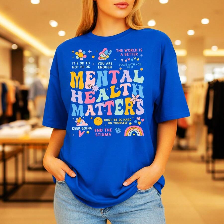 Women's Mental Health Matters Graphic Print Cotton T-Shirt, Casual Short Sleeve O-Neck Tee With Positive Quotes, Comfortable Loose Fit Top For Daily Wear, S-5XL Sizes Available - 藍色 - 查看 1