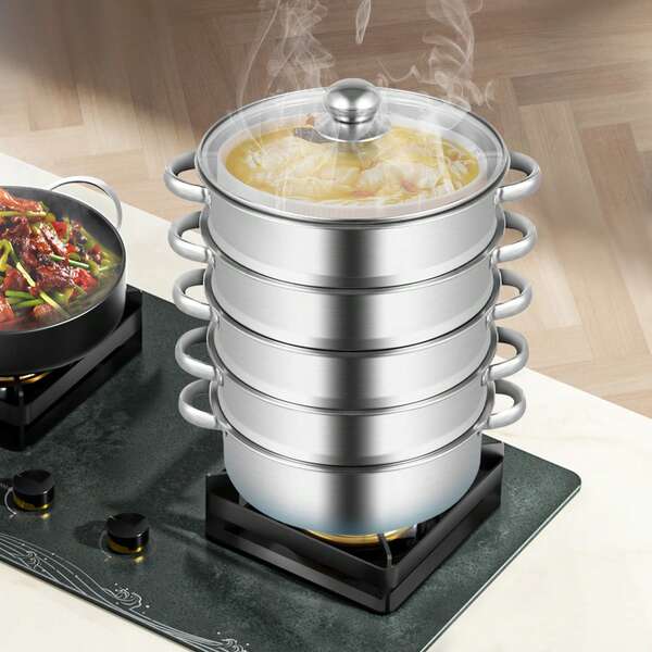 Household/ Commercial 26 Diameter 5-Tier Stainless Steel Steamer Round Shape Steam Cooker Steamer Pan Kitchen Steaming Pot With Transparent Lid
