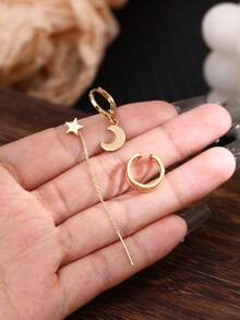 1 Set de Pendientes de Oro Multicapa + Pendientes de Estrella + Cadena de Oreja con Borla de Luna, 3 piezas, Diseño de Nicho Accesorios de Oreja Estratificados, Combinación de Joyería de Estilo Chic Atmosférico - Amarillo Oro - Ver 3