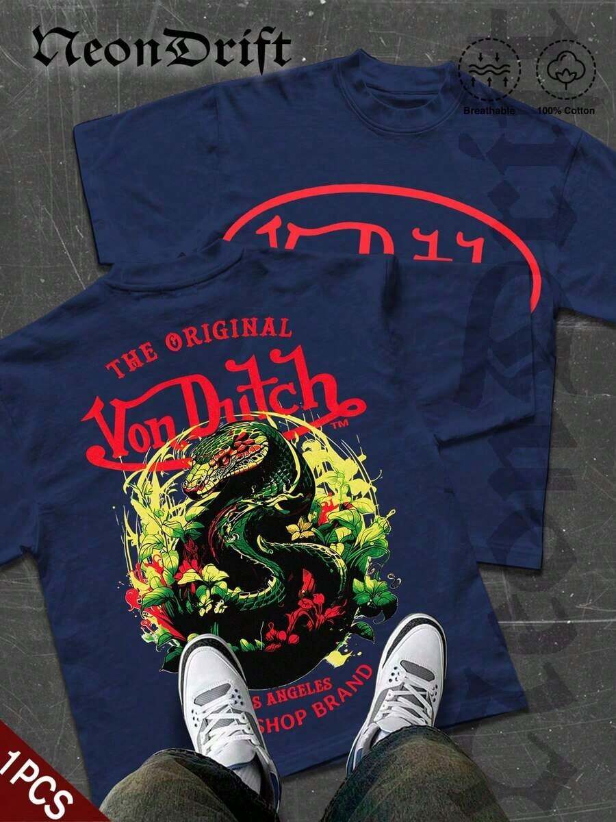 Summer Tops2026NeonDrift Double-Sided Printing Men's T-Shirt Men's Short-Sleeve T-Shirt100% Cotton Fabric Soft & Skin-Friendly Unisex Style Gifts For Spring Festival, Valentine's Day, St. Patrick's Day & World Cup-Van Dutch Dragon Print Men T Shirt Classic Americana Style Graphic Tee Streetwear Fashion Casual Wear For Car Enthusiasts And Vintage Culture Loverssummer Clothes - Màu xanh hải quân - Xem 1