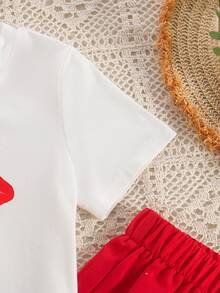 2件套女童休闲碎花圆领上衣和松紧腰工装裤套装，春夏款 - 紅色 - 查看 5