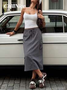 Women's Elegant Grey Cargo Midi Skirt - Elastic Waist Drawstring Pocketed Skirt, Lightweight & Wrinkle-Resistant For Spring, Casual Outings & Going Out - Grey - View 4