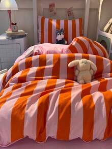 Bộ 3 món ga trải giường kẻ sọc cam, mềm mại và thoáng khí, cỡ Queen. - trái cam - Xem 3