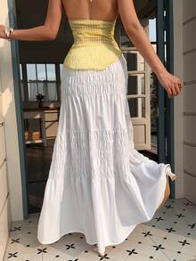 Women's Long White Pleated Skirt, Non-Stretch Fabric, Suitable For Daily Wear - White - View 3