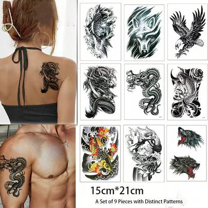 9张大号临时纹身贴纸，男女通用，图案包括鱼、鹰、狼，可贴于手臂，时尚美观。