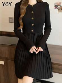 [Y6Y] Women's Black Elegant High-Quality Knit Crew Neck Short Dress - Black - View 5