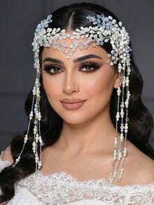1pc Luxurious & Elegant Crystal Tassel Bridal Headband, Suitable For Wedding, Prom, Photography - Silver - View 2