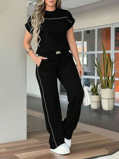 طقم ملابس علوية أكمام قصيرة رقبة دائرية لون أحادي وبنطلون ذو خصر عالي وساق مستقيمة، مجموعة من قطعتين، أسود، ربيع/صيف