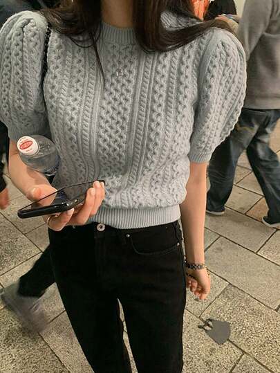 Women's Solid Color Cable Knit Short Sleeve Casual Sweater Top