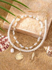 2pcs/Set Vacation Style Starfish, Shell, Fish Pendant Beaded Anklets, White & Gold Pearl Decor Elastic Rope & Linen Cord Double Layer Detachable Anklets, Suitable For Daily, Party, Music Festival, Beach, Bikini, Elegant & Refined For Women - Shell - View 3