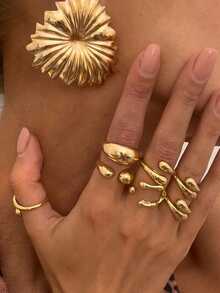 6pcs/Set Liquid Metal Teardrop Hug Joint Rings, Minimalist Design Adjustable Finger Rings Set, Suitable For Party, Gift, Daily Wear - Gold - View 2