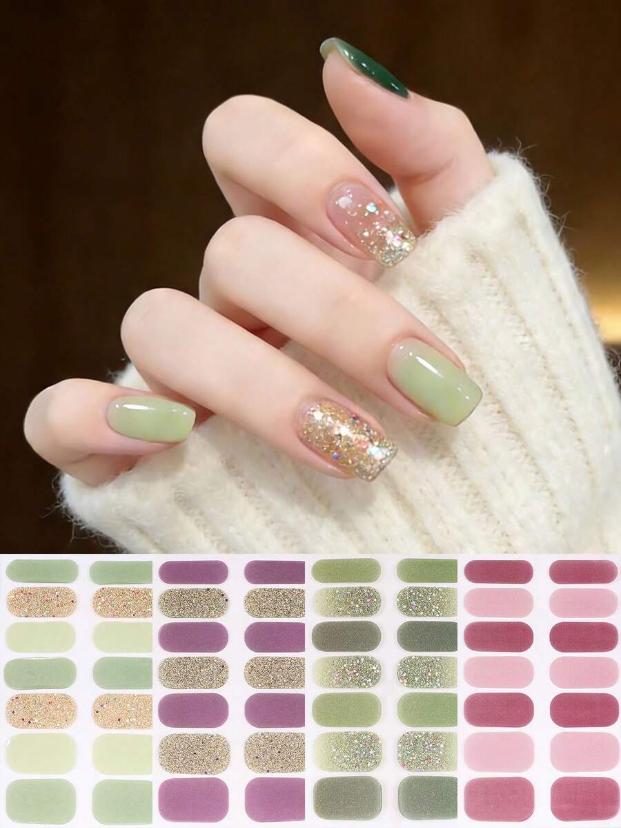 4 Sheets Glitter Nail Polish Strips Set Self-Adhesive Full Wrap Nail Stickers In Green, Purple & Pink Nail Supplies - Multicolor - View 1