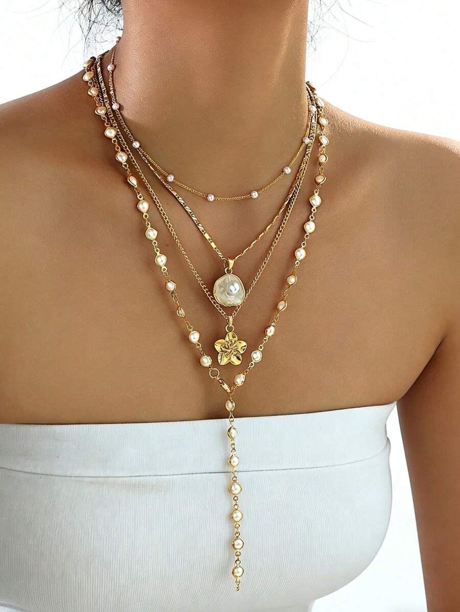 4pcs Fashionable Minimalist Bohemian Shell Flower & Faux Pearl Y-Necklace Set, Versatile For Vacation, Date, Party, Gift, Daily Wear - Yellow Gold - View 1