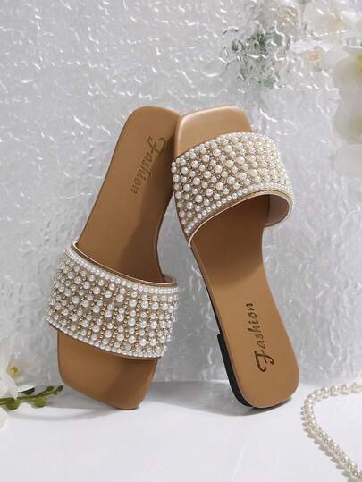 闪亮装饰方头女士拖鞋，优雅套脚凉鞋，适合搭配连衣裙、度假、大码、春夏穿着