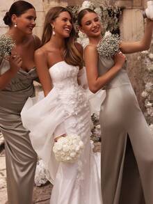 Strapless Off-The-Shoulder Satin Mermaid Wedding Dress With Detachable Puffy Tulle Sleeves, Lace Embroidery Detail & Open Back, Luxury Fishtail Bridal Gown With Long Tulle Train, Vintage Palace Style Wedding Dress, Elegant Yet Bold Bridal Look, Castle Wedding Gown, Winery Wedding Dress, Classic Meets Modern Design Bridal Wear, Perfect For Wedding Ceremony, Christmas Wedding, Halloween Wedding Event, Prom, Birthday Celebration, Formal Ball, Holiday Festival, Engagement Party, Anniversary Gala, Evening Reception, Bride Shower, Banquet, Outdoor Ceremony & Special Occasions - 白色 - 查看 3