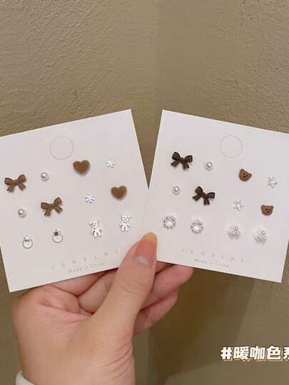Coffee Color Bow & Teddy Bear Earring Set, Cute & Charming For Pierced Ears, Autumn/Winter