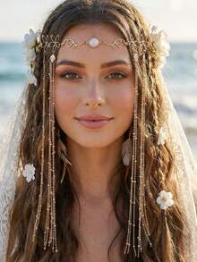 1pc Gold Beaded Chain Tassel Women Hair Chain, Jewelry Headpiece For Wedding, Beach, Holiday - Gold - View 1