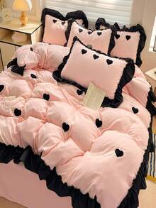 3pcs Pink Heart Embroidered Bedding Set, Korean Queen Size Duvet Cover, 1pc Soft Ruffle Duvet Cover And 2pcs Pillow Shams - Baby Pink - View 6