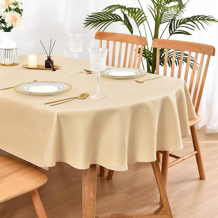 Wolkemer Oval Tablecloth 60 X 84 Inch Washable Fabric Table Cloth Solid Beige Table Cover For Dining Wedding Party Banquet Tabletop Decoration - Màu be, hình bầu dục, kích thước 84 inch x 60 inch. - Xem 1