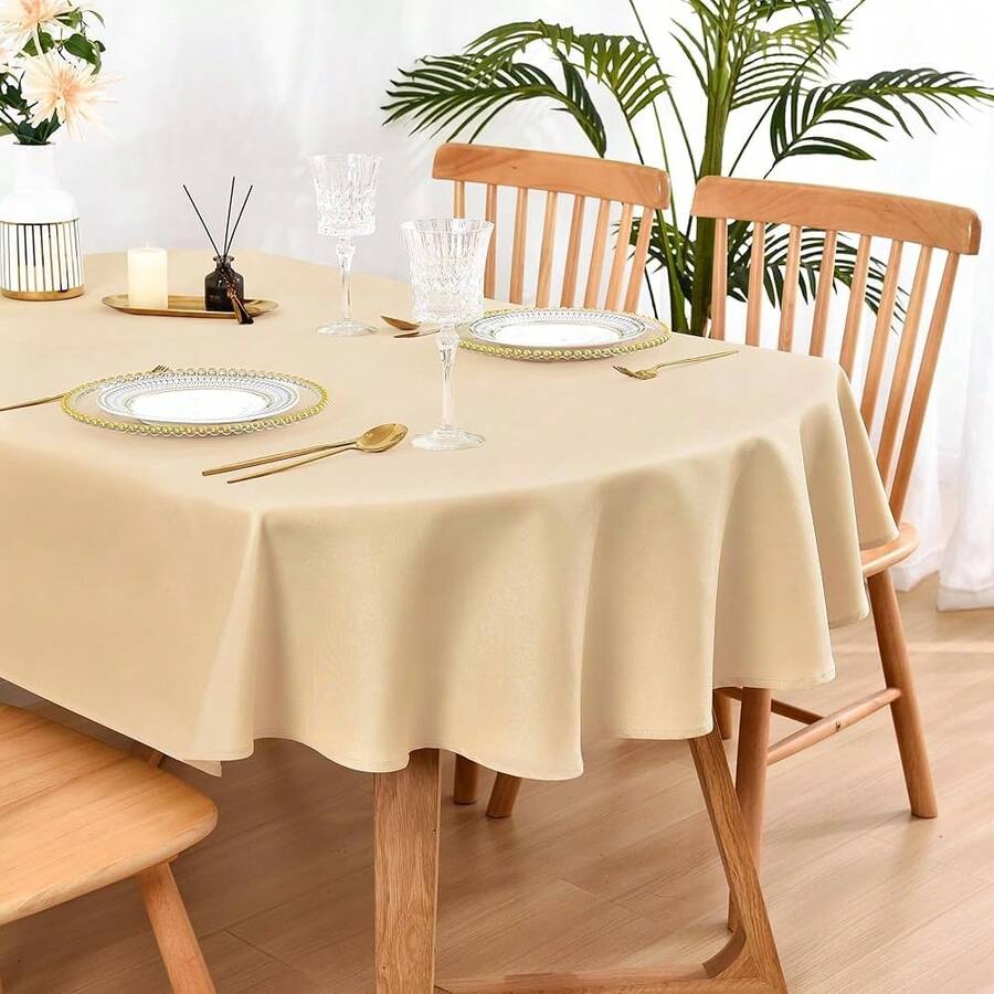Wolkemer Oval Tablecloth 60 X 84 Inch Washable Fabric Table Cloth Solid Beige Table Cover For Dining Wedding Party Banquet Tabletop Decoration - 米色 84吋x60吋橢圓形 - 查看 1