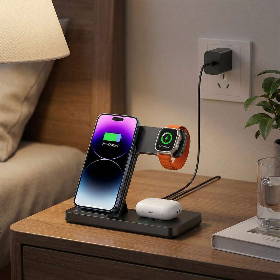 Đế sạc không dây 3 trong 1 sạc nhanh, công suất 15W, dành cho điện thoại, đồng hồ và tai nghe, tương thích với iPhone 17/16/15/14/13/12/11/Pro/Max/XS/XR/X/8/Plus, 11/10/9/8/7/6/5/4/3/2/SE/Ultra và Series 6/5/4/3/2/1. Món quà Valentine tuyệt vời! - Xem 1