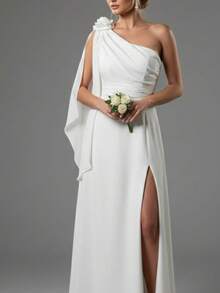 Bridesmaid Dress For Parties, Guests, Receptions, Graduations, Without Glitter, Cape Sleeves In Flowing Fabric With A Flower Brooch. - 白色 - 查看 2