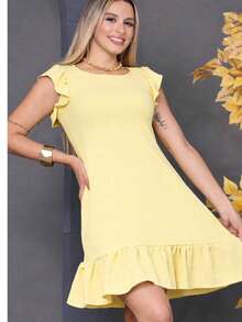 Plus Size Midi Dress, Fits Large And Small Sizes, With Ruffled Princess Sleeves, Puff Sleeves, And A Loose Fit, Dune Color. - Butter Yellow - View 1