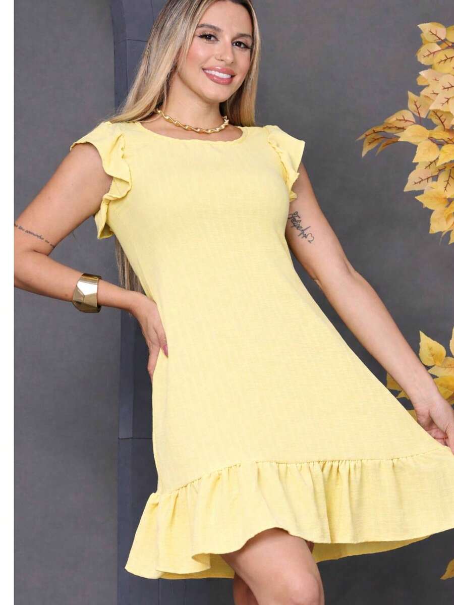 Plus Size Midi Dress, Fits Large And Small Sizes, With Ruffled Princess Sleeves, Puff Sleeves, And A Loose Fit, Dune Color. - Butter Yellow - View 1