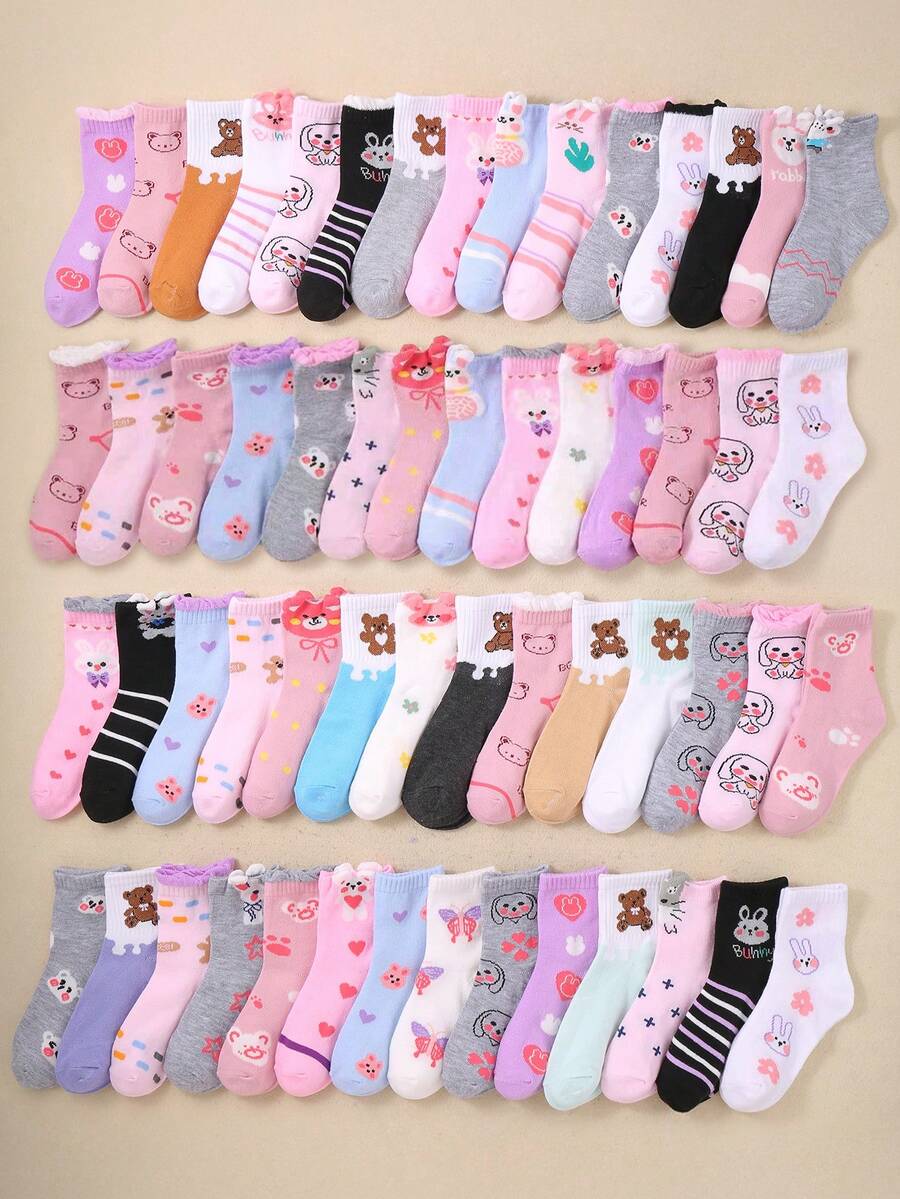 20 Pairs Kids Mid-Calf Socks, Featuring Striped, Polka Dot, Bow, And Animal Patterns, Suitable For Casual, Sports, School Occasions. Great As Birthday, Holiday, Children's Day Gifts For Kids - Multicolor - View 1