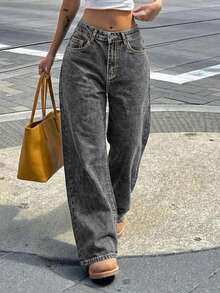 Women's Casual Grey Denim Straight Leg Jeans With Zipper Closure Long Non-Stretch Fabric For Everyday Wear - Grey - View 2