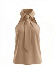 Women's Sleeveless Woven Fabric Blouse With Shirt Collar Twist Knot Detail Regular Length - Apricot - View 5