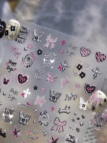 1张5D烫印美甲贴纸，深色美甲贴纸，兔子蝴蝶结自粘美甲贴纸，DIY可爱卡通美甲贴纸美甲用品 - 彩色 - 查看 2