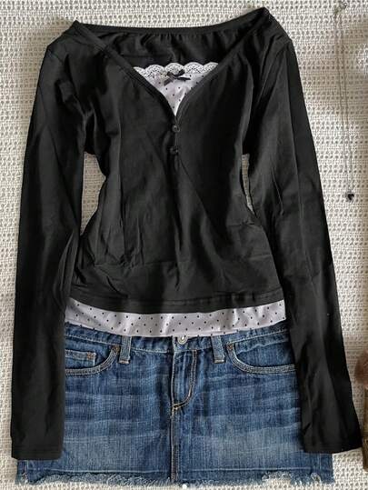 Blusa de manga larga con estampado de lunares, parches de gasa y decoración de lazo, de estilo casual y elegante para mujer