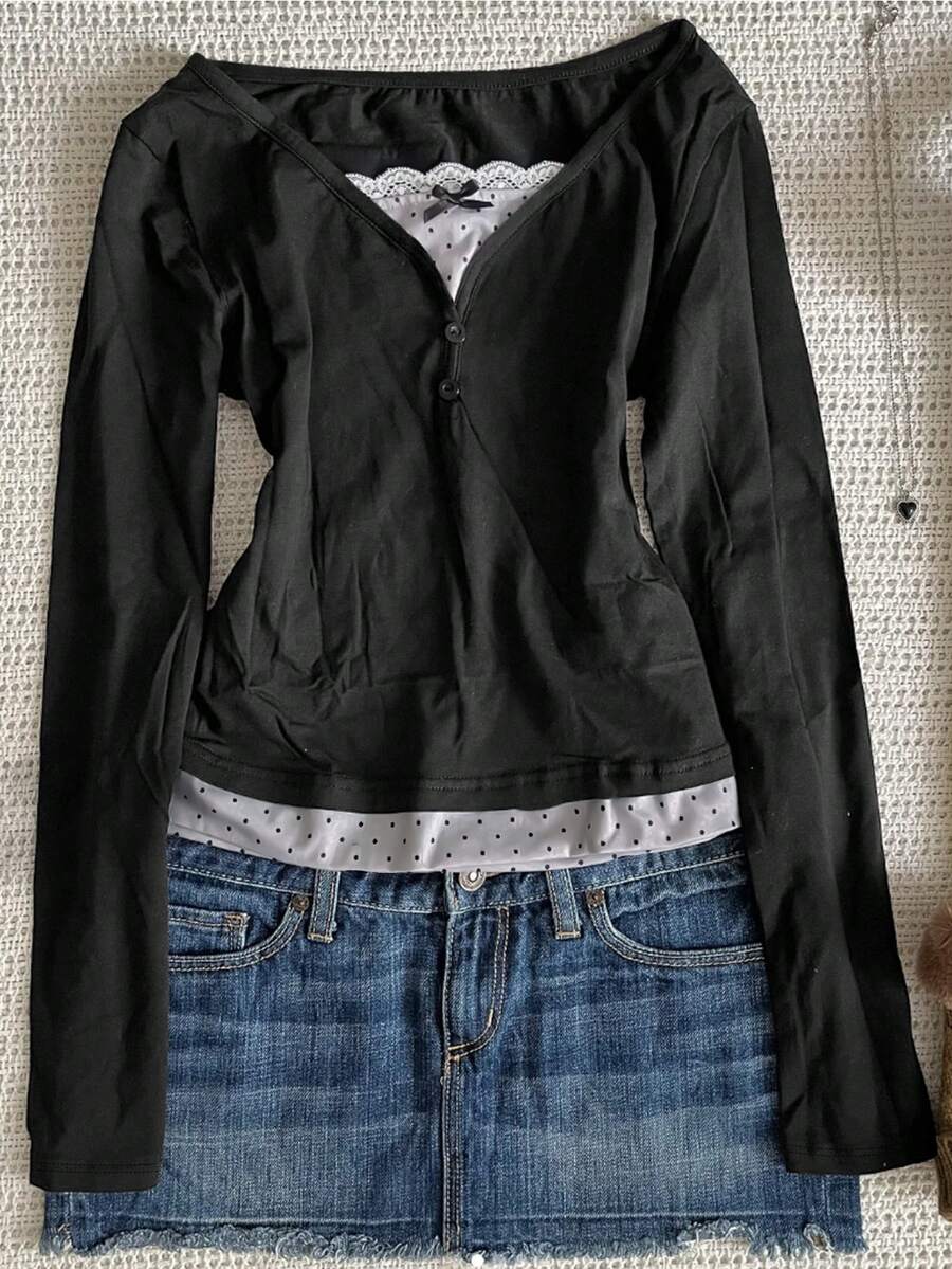 时尚休闲女式波点印花雪纺拼接蝴蝶结装饰长袖上衣黑色春季款