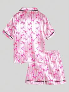 少女粉色条纹蝴蝶结短袖短裤两件套睡衣 - 彩色 - 查看 7