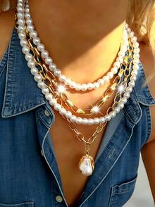 4 peças/2 peças Conjunto de Colar Vintage Elegante de Moda Francesa Romântica Retrô, Estilo Moeda, Multi-Elemento Assimétrico, Gota D'água Falsa de Pérola, Coração Redondo Esculpido, Letra Oca, Corrente Oca, Colar Personalizado Doce Y2K Luxuoso Gargantilha Corrente da Clavícula, Adequado para Mulheres, Adequado para Uso Anual, Férias, Festa, Casamento, Uso Diário - Multicolorido - Visão 12