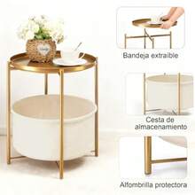 mesa de centro salaMesa Auxiliar Redonda con Cajón de Tela y Base Dorada - Mesita de Noche para Recámara Mesa Lateral para Sala Organizador Compacto con Almacenamiento Elegante - como en la foto - Ver 3