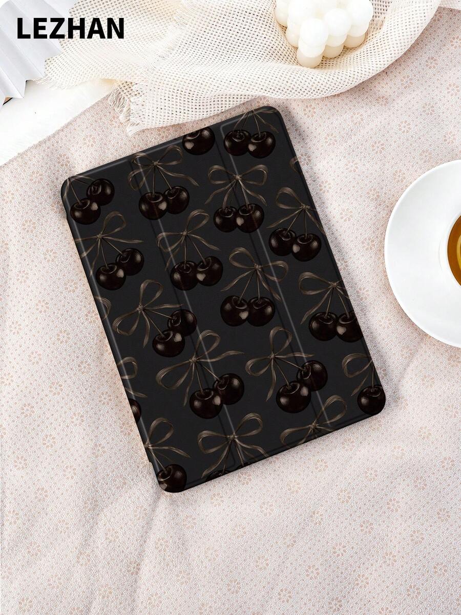 1pc Sketchy Pixel Cherry Pattern Tablet Protective Case With Pencil Slot, Shockproof, Tri-Fold Tablet Stand Protective Shell, Compatible With 10.2", Pro 11" 2021/2020/10th Gen, (A16) 11" 11th Gen 2025, 8th/9th/10th Gen, Galaxy Tab A8 10.5" 2022, Matepad 10.4"/Tab, Romantic Gift - Multicolor - View 1