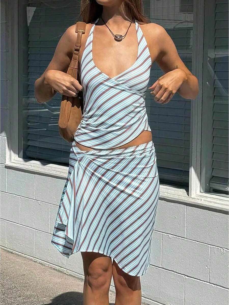 Women's Stripe Halter Neck Top Asymmetric Midi Skirt Two Piece Set Cutout Y2K Party Outfit - Màu xanh lam - Xem 1