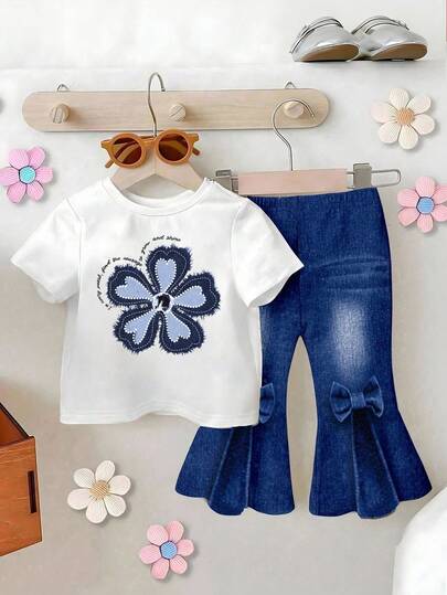 2pcs Baby Girls' Denim Print T-Shirt Set, Floral Print Flare Pants, Blue Letter Print, Cute & Lively, Versatile Outfit, Suitable For Outing, All Seasons
