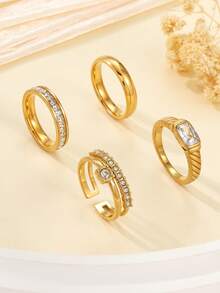 4pcs 18K Gold Plated Stainless Steel Jewelry Set With Rhinestones, Featuring Heart, Chain, And Geometric Patterns, Suitable For Women To Stack Or As Gifts - Yellow Gold - View 2